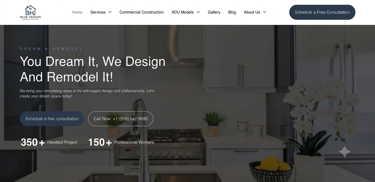 Blue Heaven Constructions website homepage