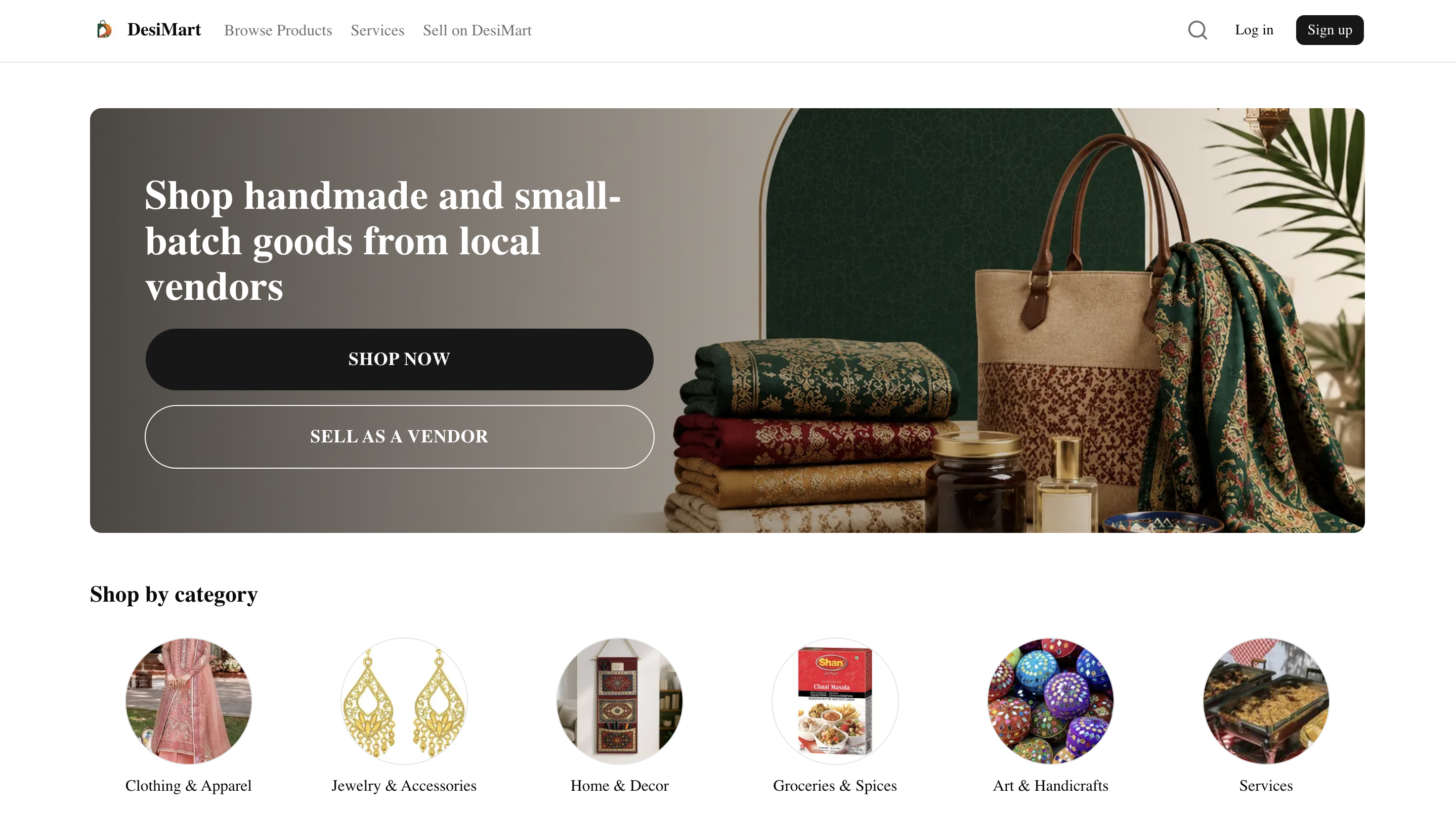 DesiMart marketplace homepage for handmade and small-batch goods from local vendors