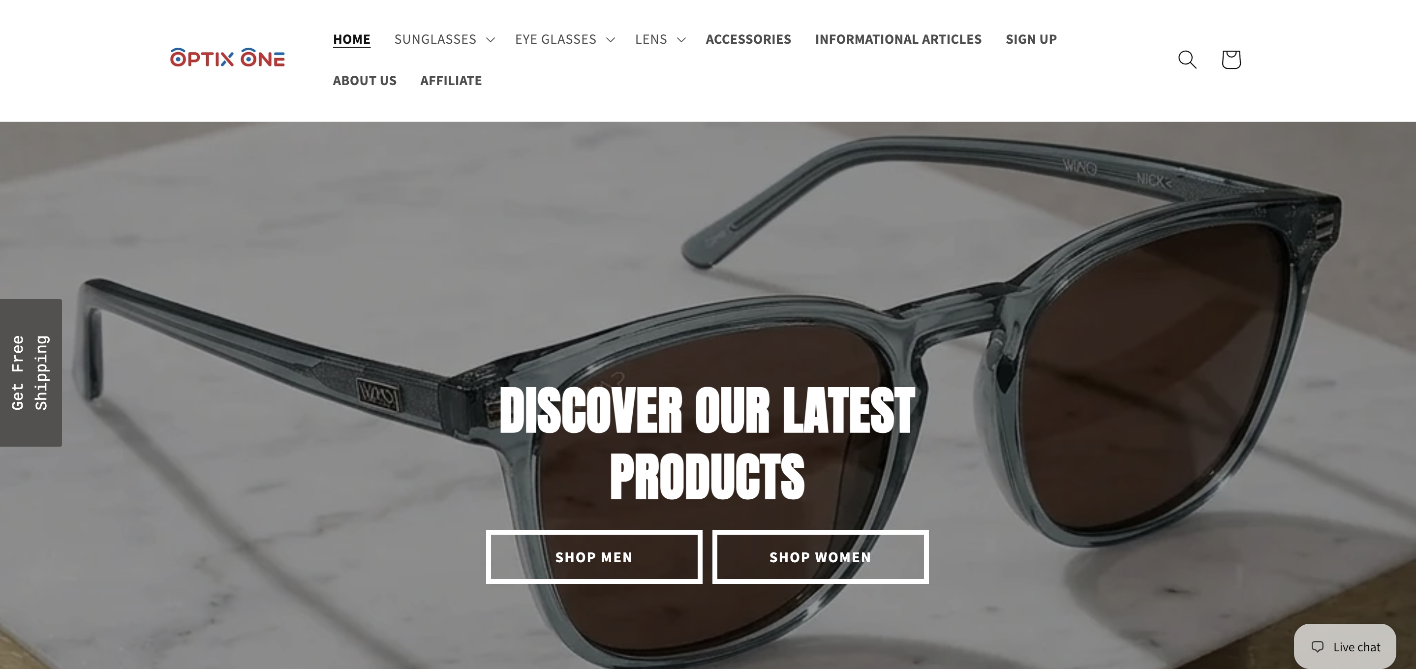 Optix One eyewear e-commerce store homepage