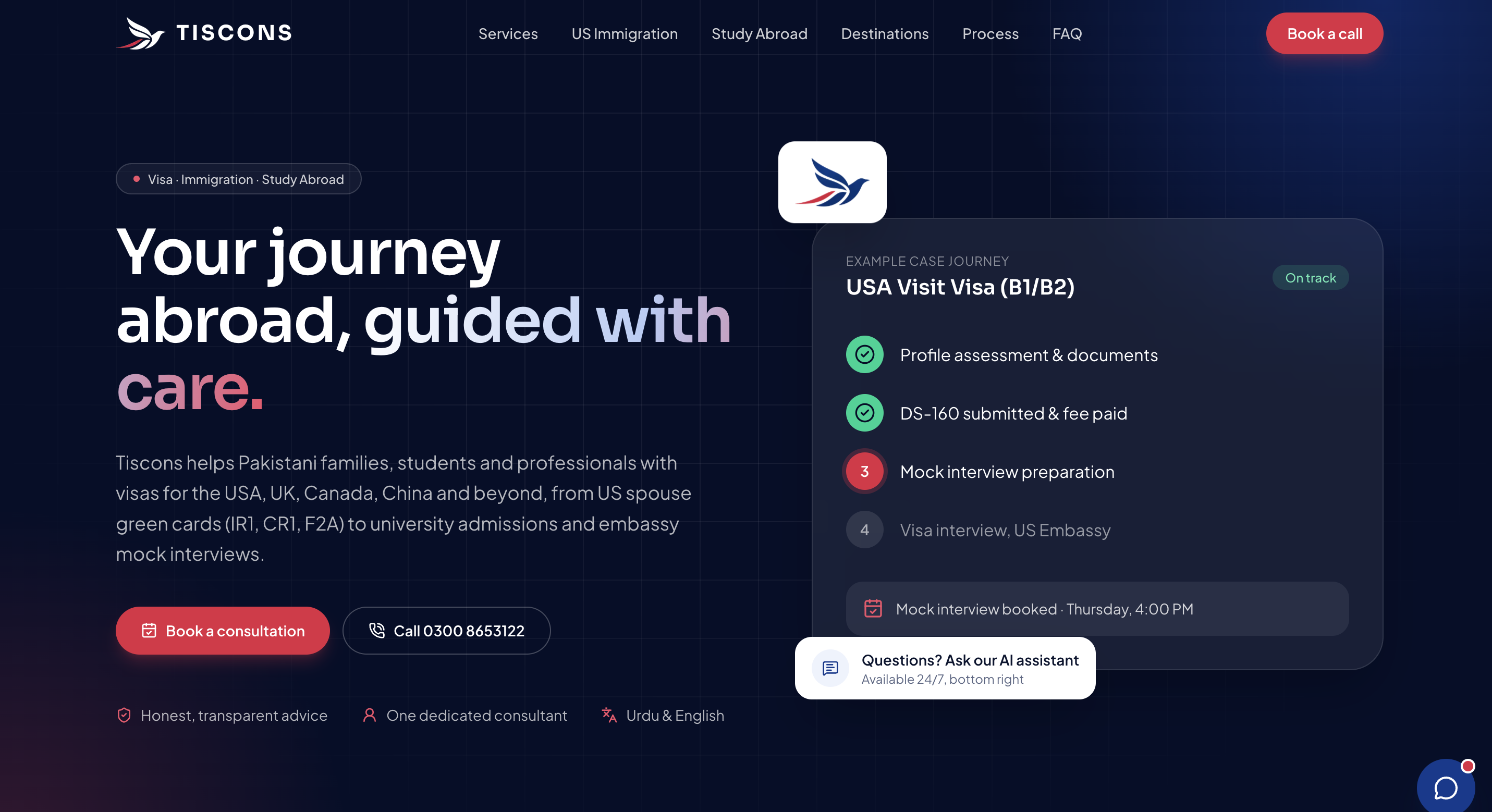 Tiscons Consulting homepage for visa, immigration, and study abroad services